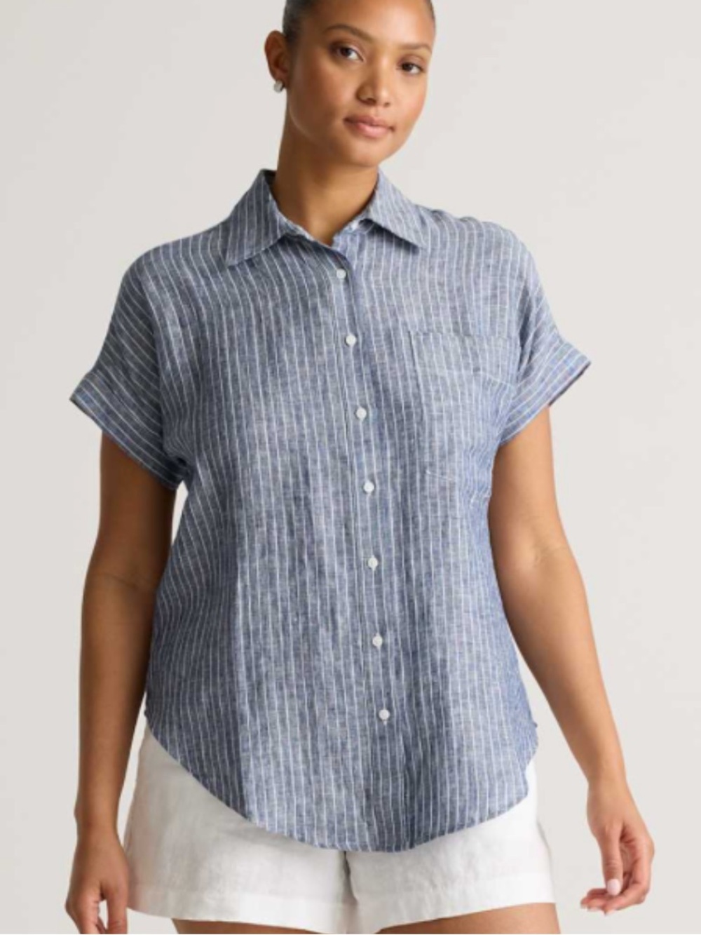 Quince size L womens European linen chambray Striped Button-Down camp shirt